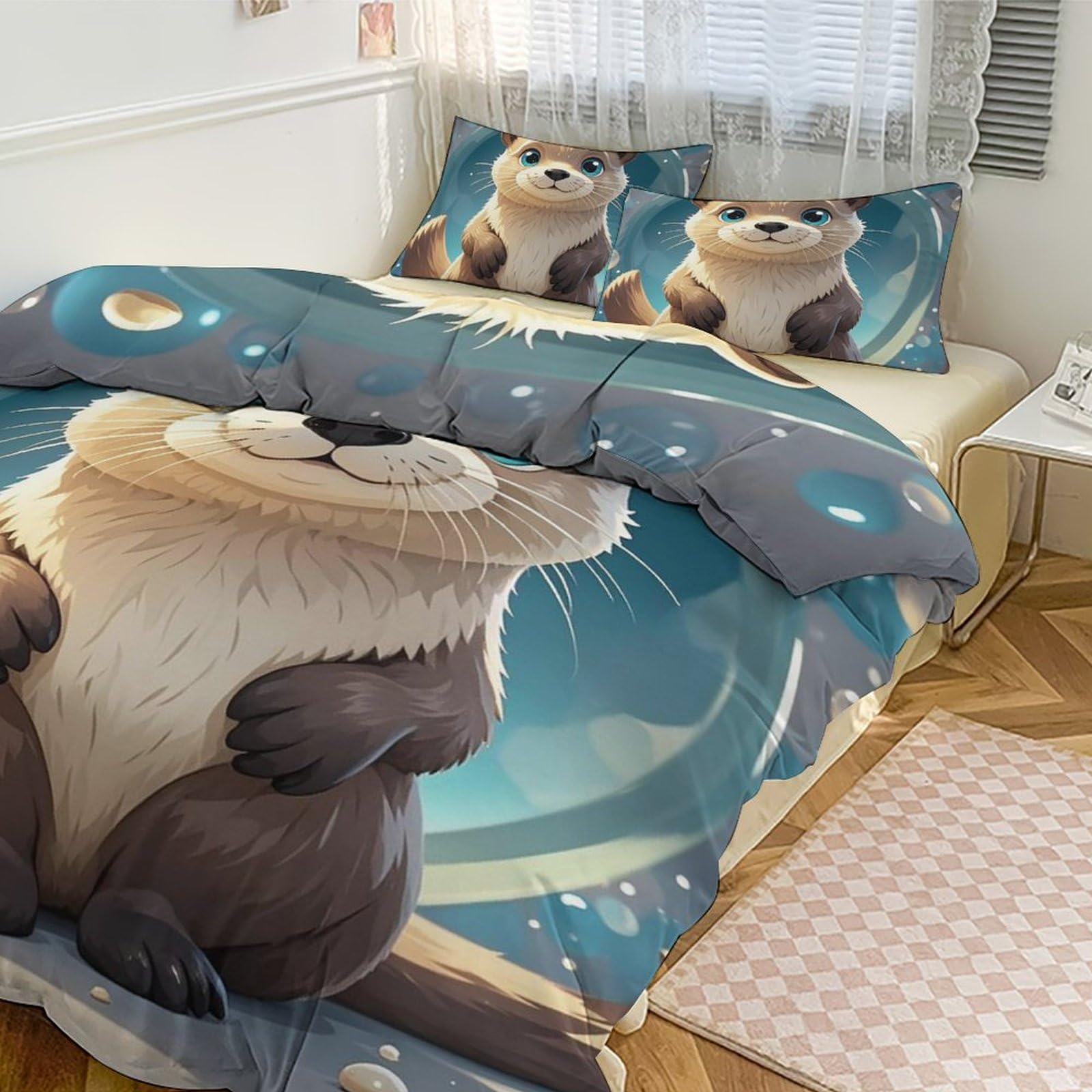 Housse de couette 3 pièces ultra douce grand lit 218x177 cm imprimé loutre