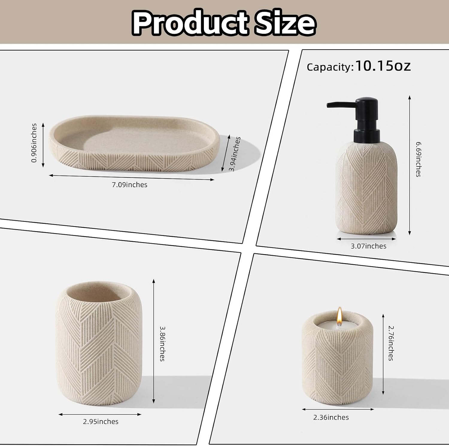 Bathroom Accessories Set, 4 PCS Bathroom Accessory Set, Beige | Modern,Luxurious, Minimalist, with Soap Dispenser, Tumbler, Vanity Tray, Candle Holder for Countertop Kitchen Sink