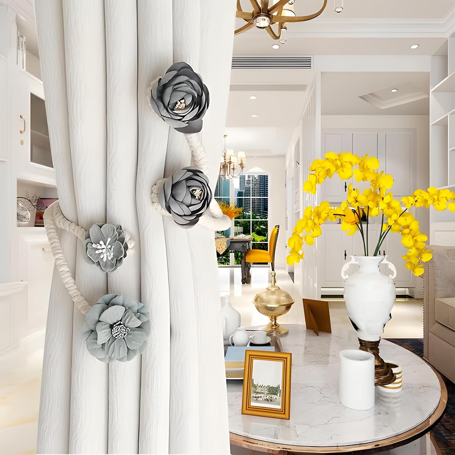 Rose Flower Curtain Holdbacks, 8pcs Handmade Artificial Floral Decorative Curtain Buckles, Drapery Tie Backs for Bedroom Living Room Office Decoration (4 Pair)