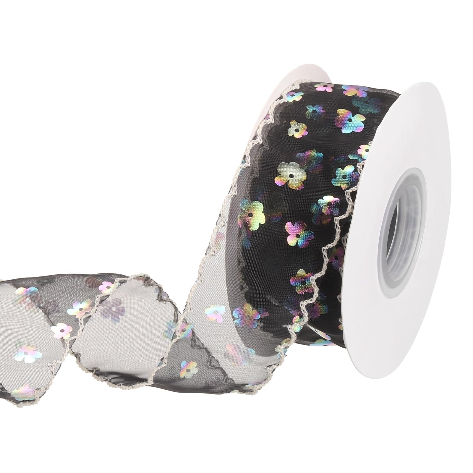 Ruban transparent imprimé fleurs pailletées noires 9m pour DIY et couture