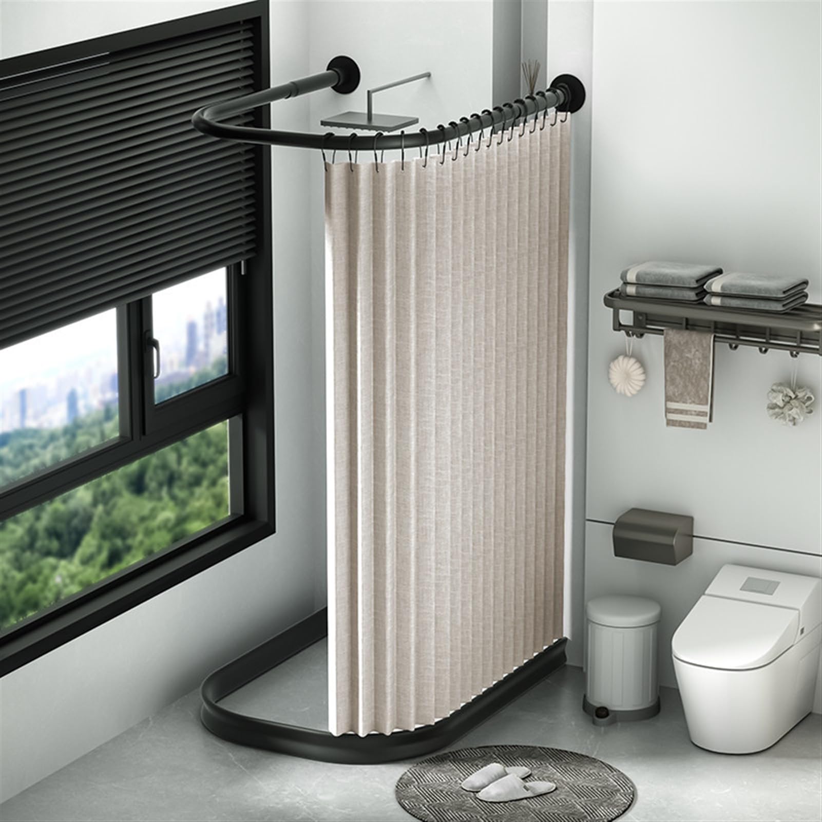 Tenda Doccia Pieghevole, Beige, 200x200cm | Impermeabile con ganci, tenda doccia angolare in tessuto lavabile, magnetica per bagno, 150g/m²
