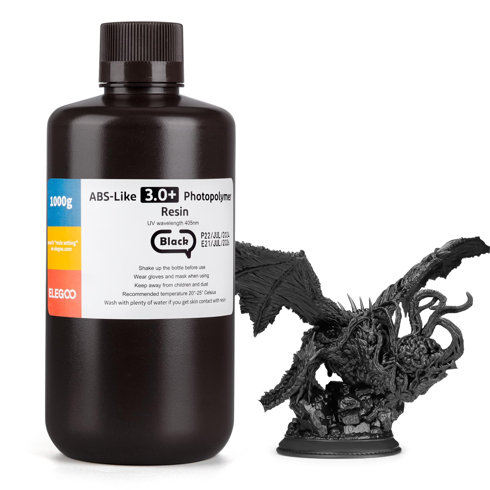 ELEGOO Résine ABS 3.0+, Noir 1000g, Résine Imprimante 3D Photopolymérisation Améliorée, Résistance à la Chaleur Supérieure, Durcissement Rapide, Haute Précision, Non Fragile