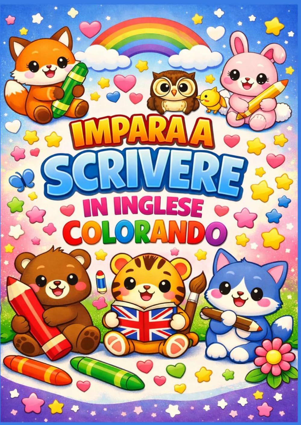 Impara a scrivere in inglese colorando: pregrafismo - età prescolare da 3 a 6 anni - maiuscolo minuscolo corsivo - animali kawaii - libro da colorare