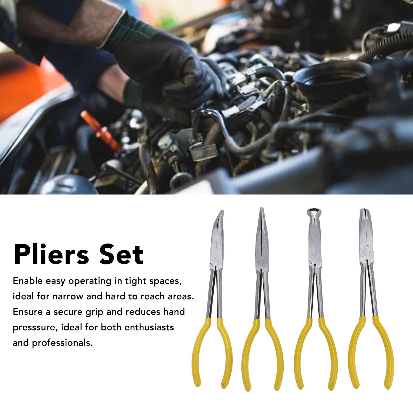 Set di pinze lunghe in acciaio al carbonio, 28 cm, ergonomiche, con becchi piegati a 25°, per gli appassionati di automobili