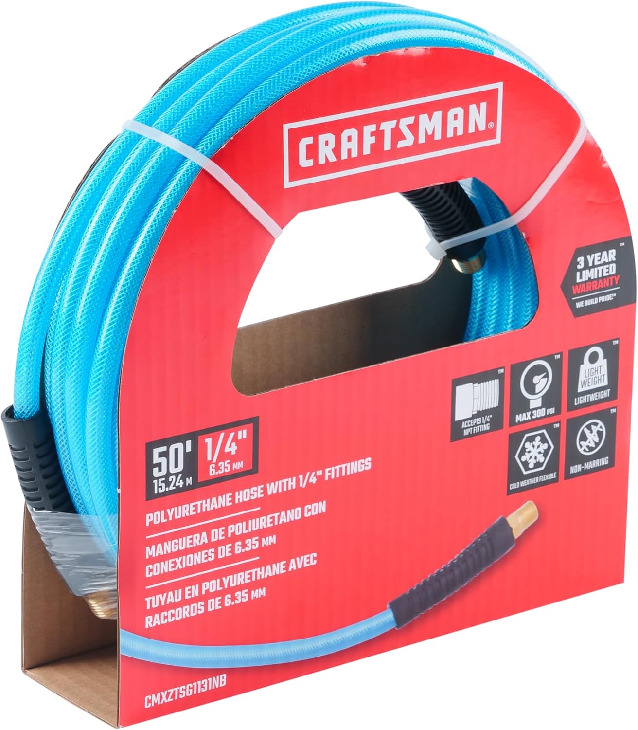 CRAFTSMAN 1/4-in x 50-ft Polyurethane Air Hose, Lightweight, Kink-Resistant, 300 PSI, Flexible, Ideal for Nailers & Staplers