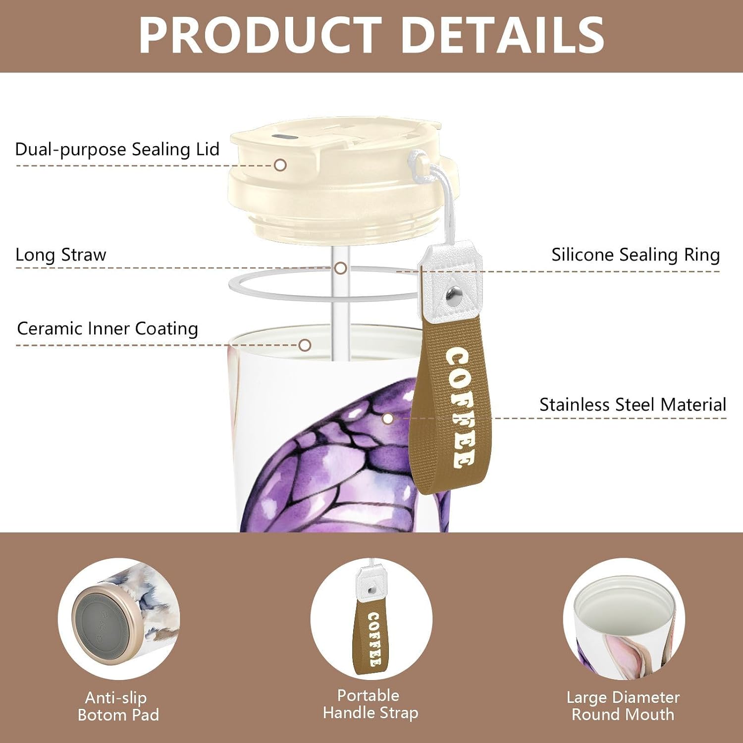 Rabbit Wings Watercolor Insulated Coffee Mug with Straw & Flip Lid, 16.9oz Iced Tumbler Cup, Double Wall Vacuum Mug for Travel Office