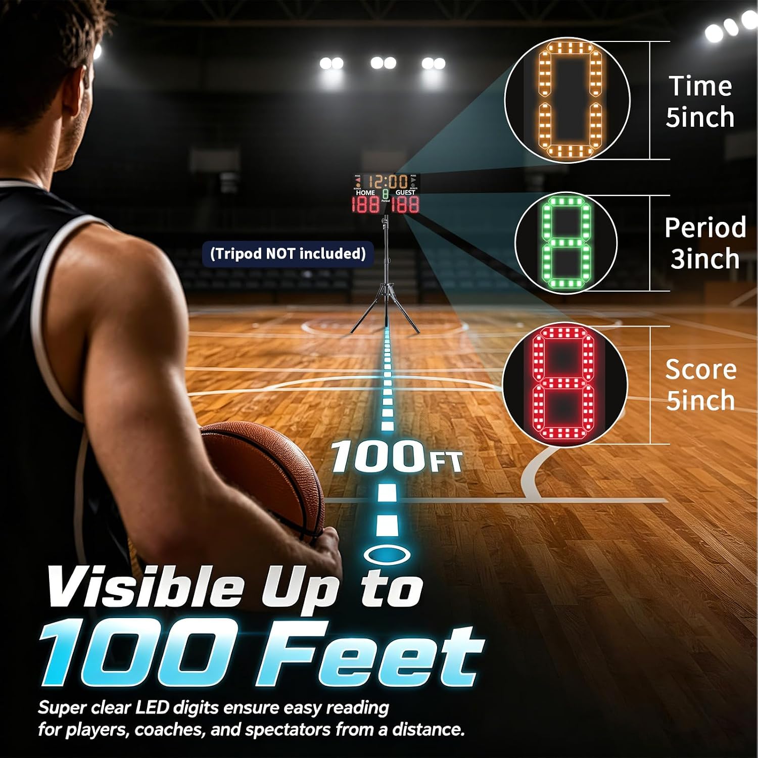 Portable Digital Scoreboard with Remote, LED Electronic Score Keeper, Battery Powered Basketball Score Board, Outdoor Scoreboard for Indoor Outdoor Courts & Sports Events
