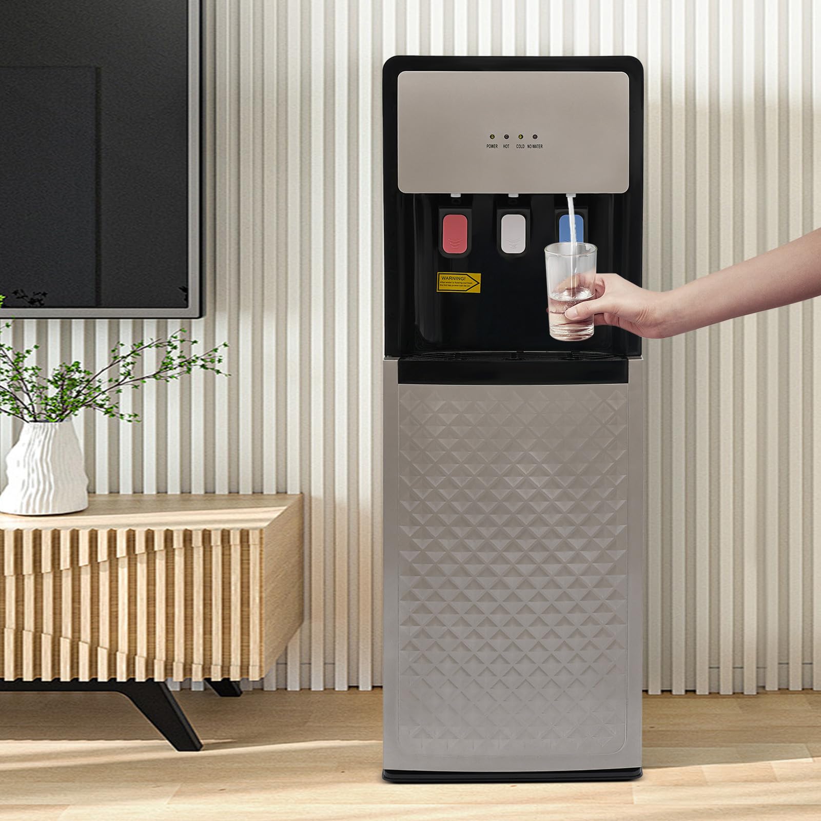 Bottom Loading Water Cooler Dispenser, 3 Temperature Settings-Hot, Cold & Room Water, Hot&Cold Standing Water Dispenser with Over-Temperature Protection, Holds 3 or 5 Gallon Bottles (Silver Grey)