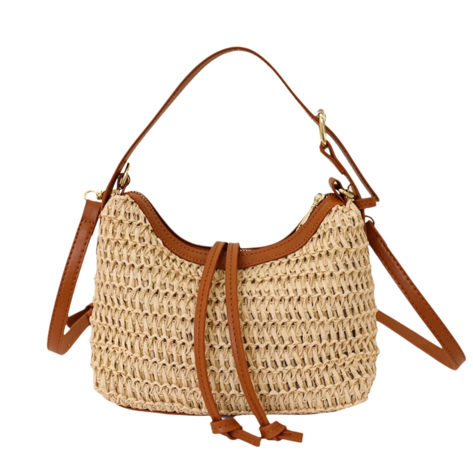 Sac de paille demi-lune en rotin tissé beige 20x11x14cm pour femme