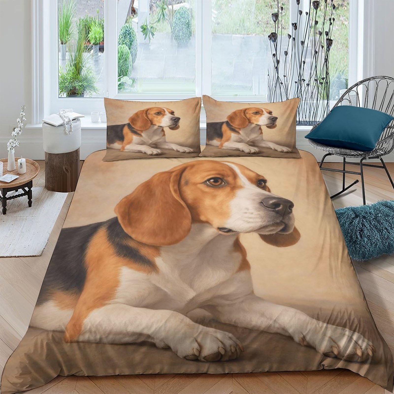 GPLZQXKJNH 3D Printed Beagle Dog Duvet Cover Set Microfiber Soft Breathable Brown Animal Bedding with 2 Pillowcases for Bedroom Decor Single（135x200cm）