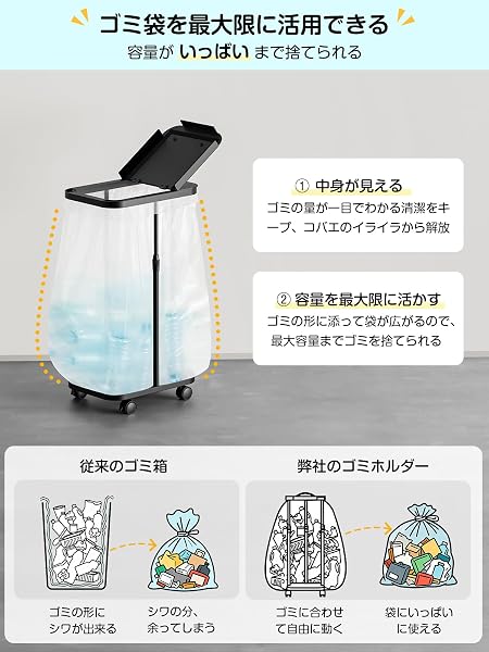 【高さ調節】ゴミ袋ホルダー ふた付き ゴミ箱 45L 30L TTWO ゴミ袋スタンド 20L~90L対応 取っ手&底板付き 袋落ち防止 使いやすい ポリ袋ホルダー キッチン 分別ゴミ箱 スリム におい遮断 レジ袋ホルダー キャスター/アジャスター付き おしゃれ お手入れ簡単 省スペース (ブラック-縦開き) - 5