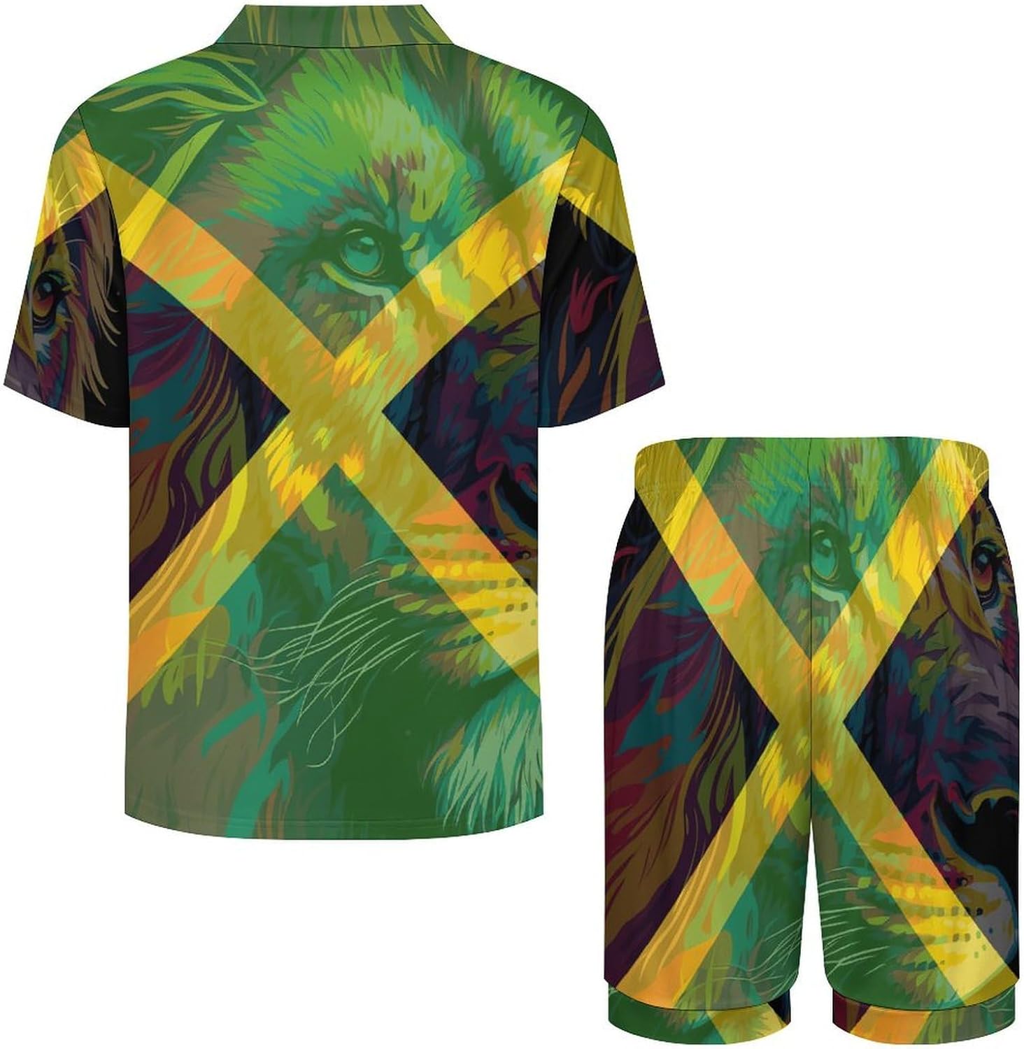 Jamaica Flag Jamaican Lion Men's Short Sleeve Pajama Set Satin Silk Like Lounge Sleepwear