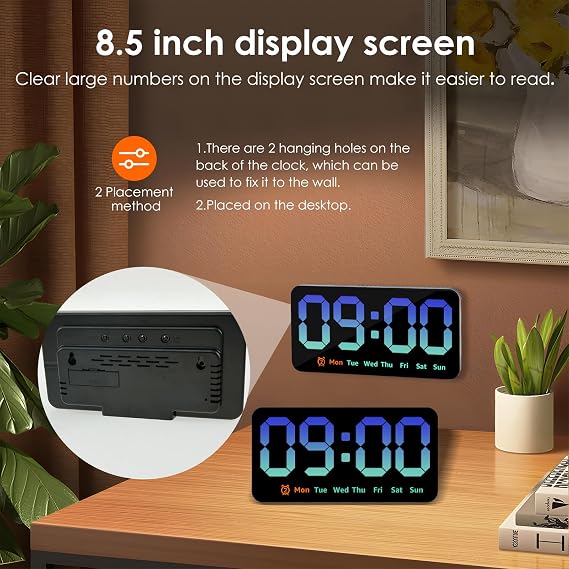 Digital Wall Clock 8.5 Inch Large Display LED Alarm Clock with Date Week Temperature Double Alarm 3 Levels Brightness Adjustable Countdown Clocks for Living Room Bedroom Classroom Kitchen (Blue)