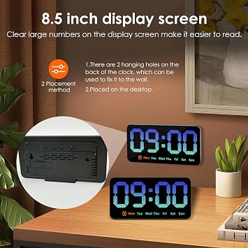 Digital Wall Clock 8.5 Inch Large Display LED Alarm Clock with Date Week Temperature Double Alarm 3 Levels Brightness Adjustable Countdown Clocks for Living Room Bedroom Classroom Kitchen (Blue)