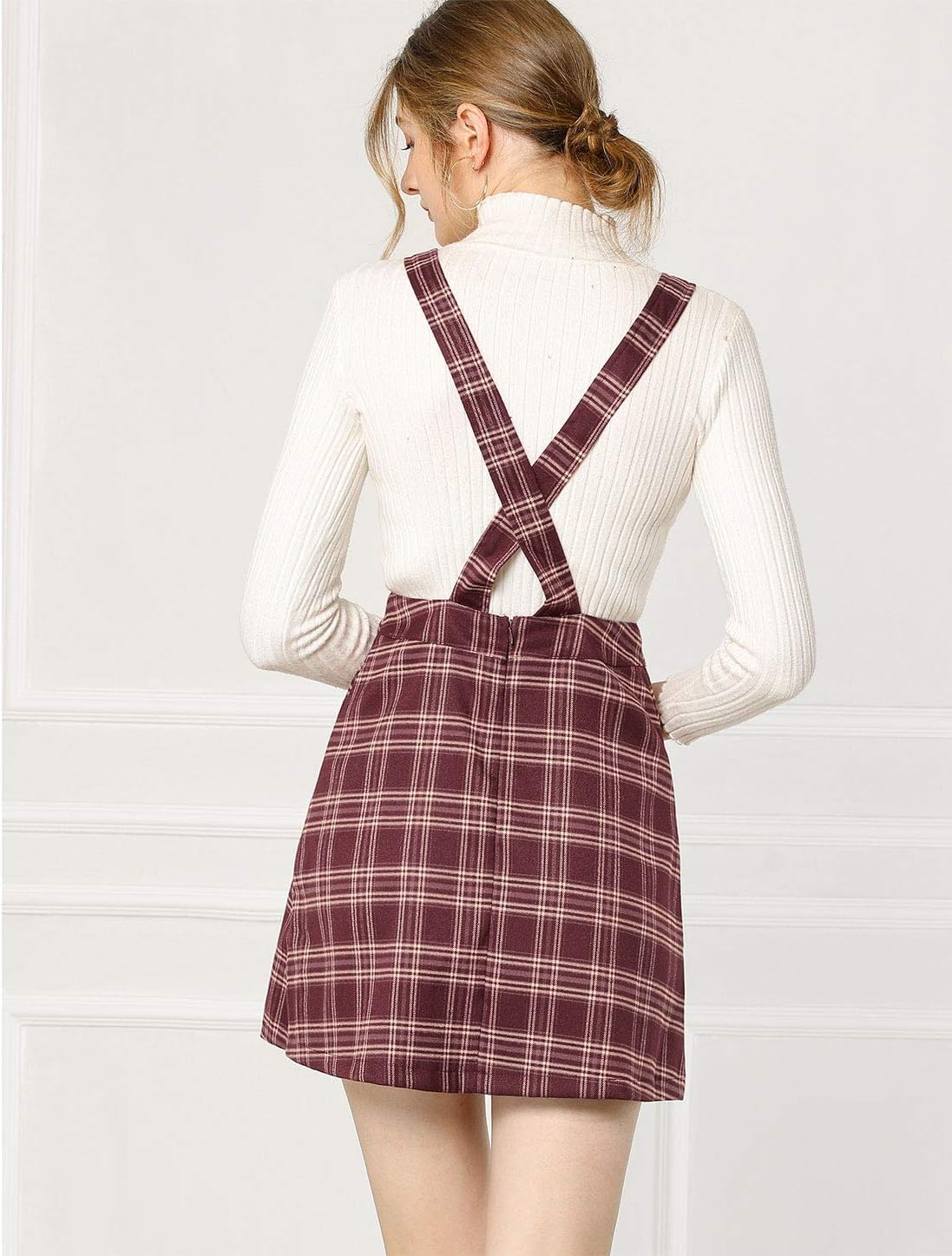 Allegra K Women's Plaid Overall Dress Vintage Checkered Suspender Skirt Short Pinafore Dress - Image 5