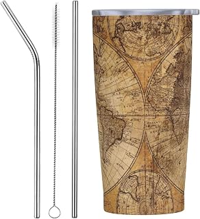 Vintage World Map Tumbler Coffee Mug with Lid Straw 20oz | Stainless Steel Insulated Tumblers Old Paper Retro Style Travel Mug Historical Tea Wine Cup Water Bottle for Women Men