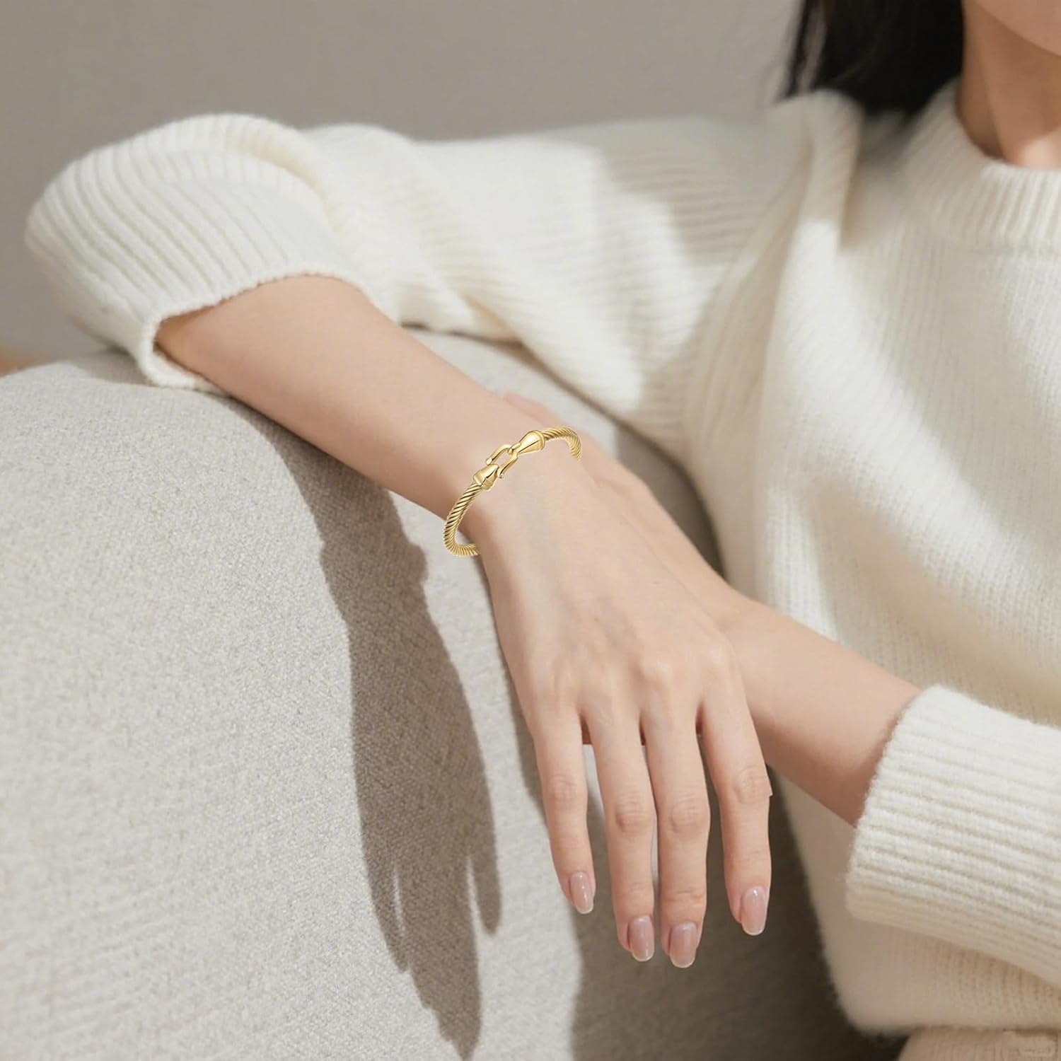 Stainless steel twisted wire bracelet with hook and loop, Twisted Cable Stylish Fine Stainless Steel Cable Cuff Bracelet with Hook Clasp Bracelets Jewelry for Women, Fashionable Roman numeral bracelet suitable for women(Gold) - Image 3