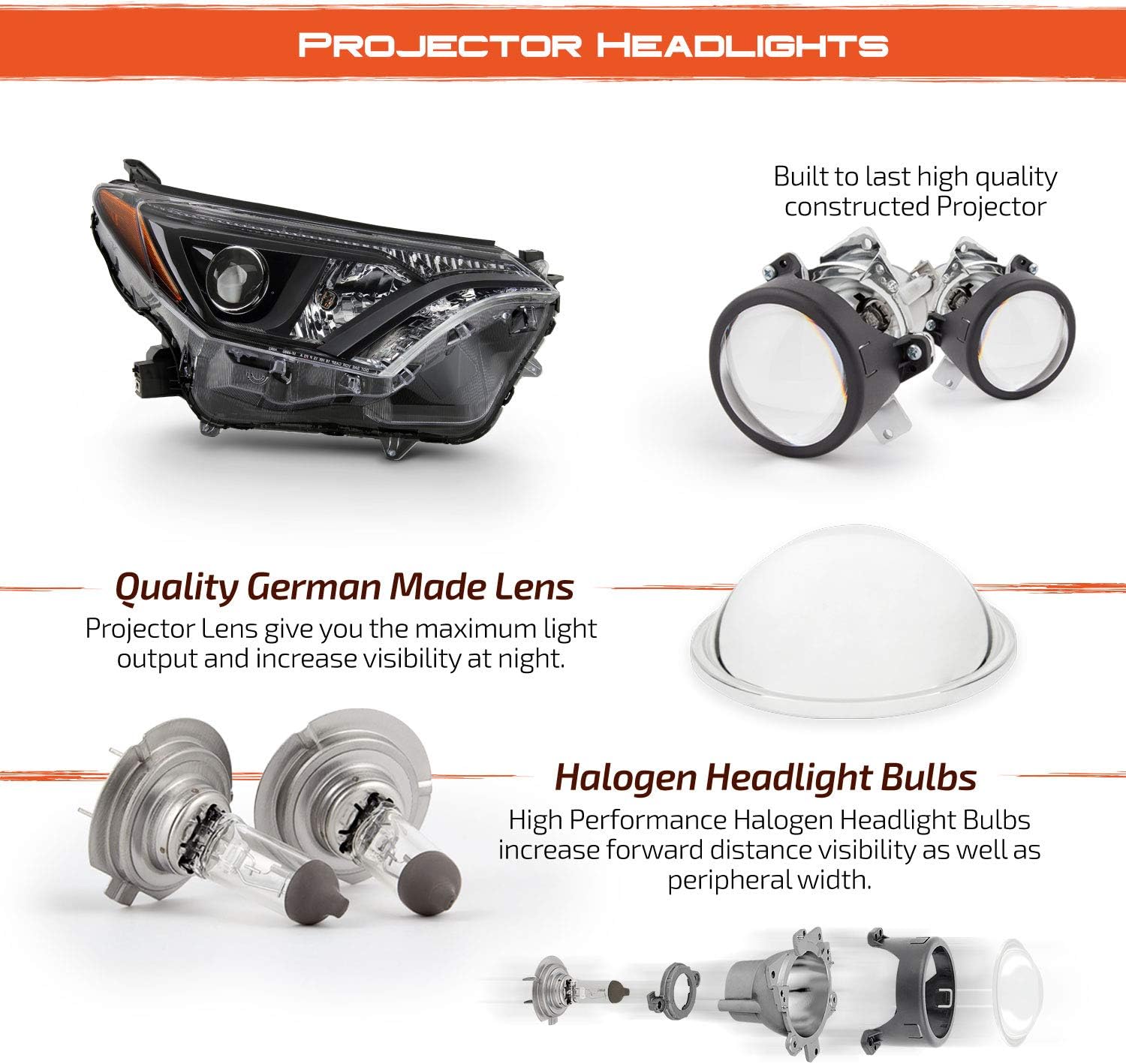 AKKON - Fits 2016 2017 2018 Toyota RAV4 [Halogen Type] Projector Headlight w/Black Bezel Tube Bar Headlamp Driver Left Side