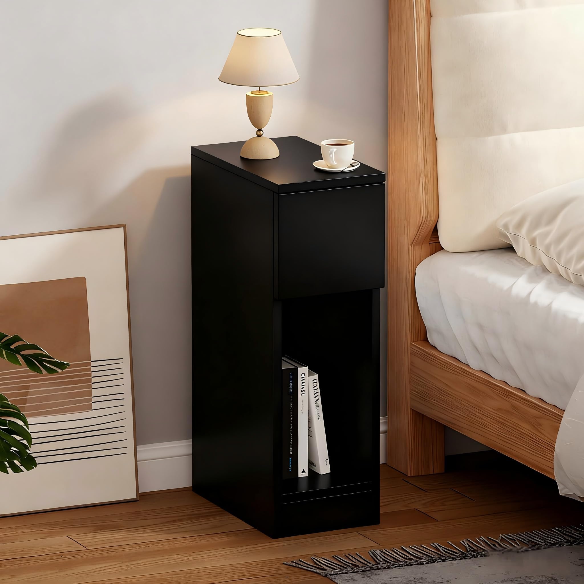 Slim Bedside Table Bedroom Nightstand with Open Shelf & Drawer, Narrow End Table Sofa Side Table for Living Room, Compact Wooden Lamp Table Telephone Table for Home Office, Black