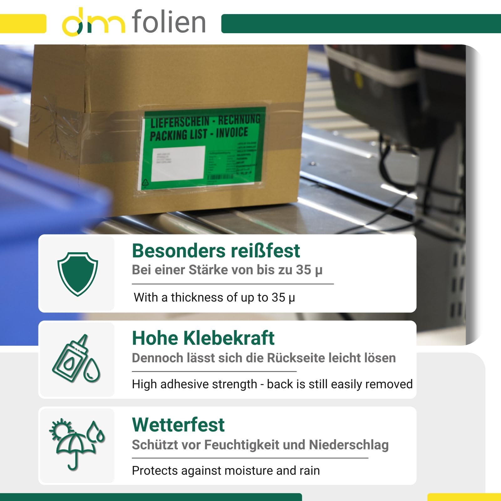 dm-folien Lieferscheintaschen DIN LANG I 1000 Stück I Selbstklebende Versandtaschen mit Aufdruck I Grünes Paketzubehör für Lieferscheine & Rechnungen I Versandzubehör aus Kraft-Papier