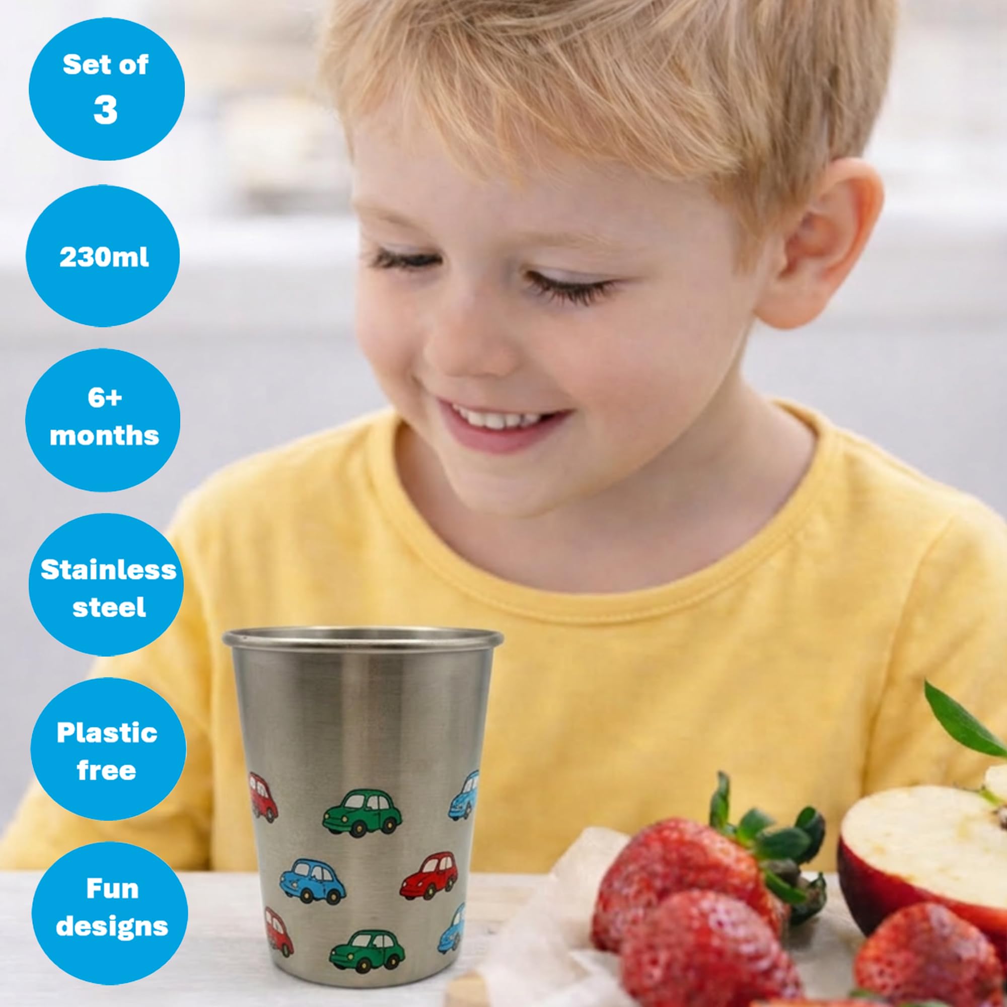 Open Cup Set of 3 Items | Stainless Steel | Plastic-Free | Kids Design | Ideal for Children, Toddlers and Babies (6 Months +) | 230ml x 3 (Car) — view 2