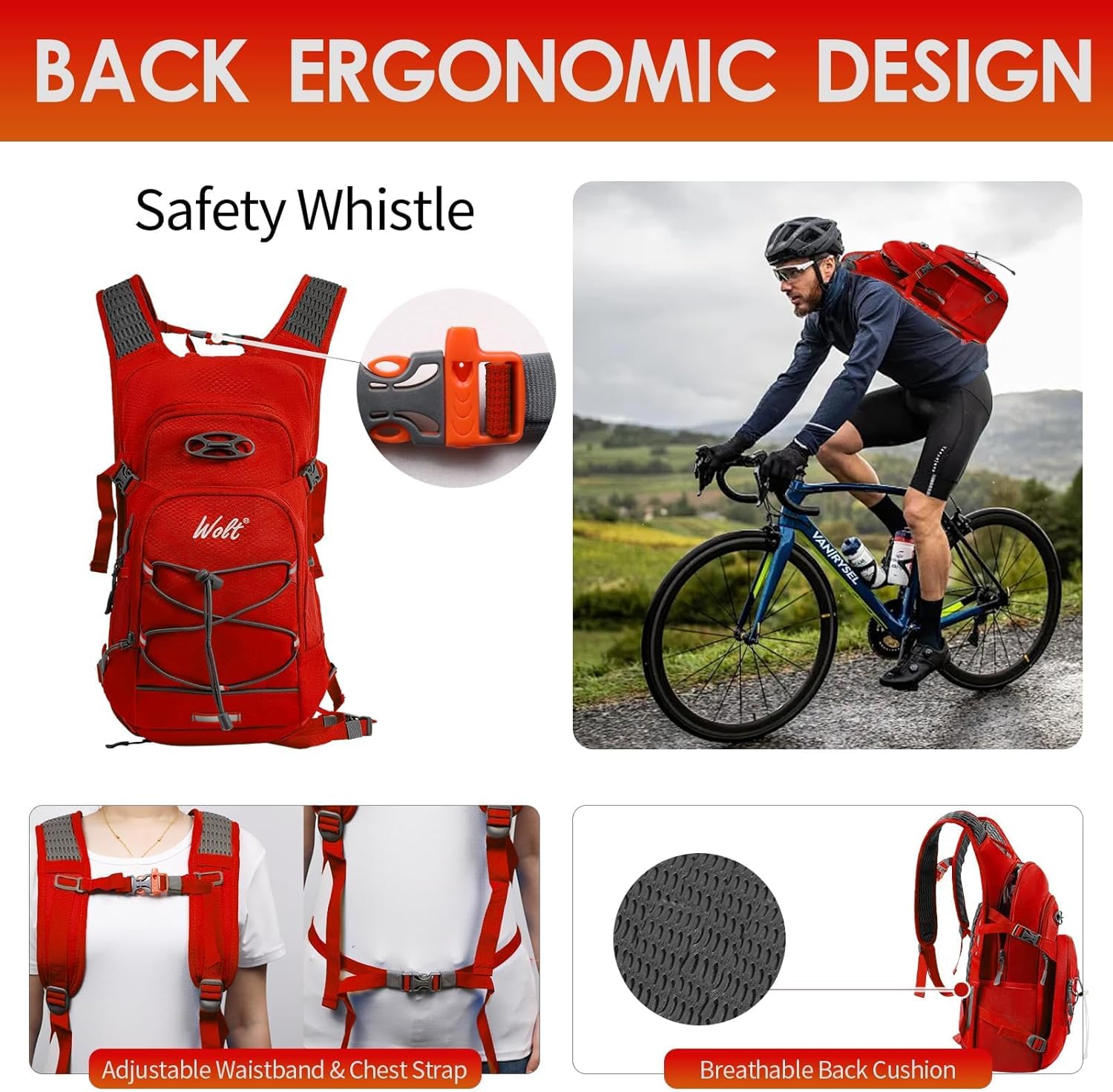 WOLT Hydration Backpack 18L Hiking Water Backpack with 2L Water Bladder for Men Women, Hydration Pack for Running Cycling Biking and Climbing - Image 6