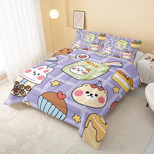 Miniatura 3 de QOOMO Juego de edredón Kawaii Bear para niños, adolescentes, niñas y mujeres, edredón de oso morado con 2 fundas de almohada, juego de ropa de cama