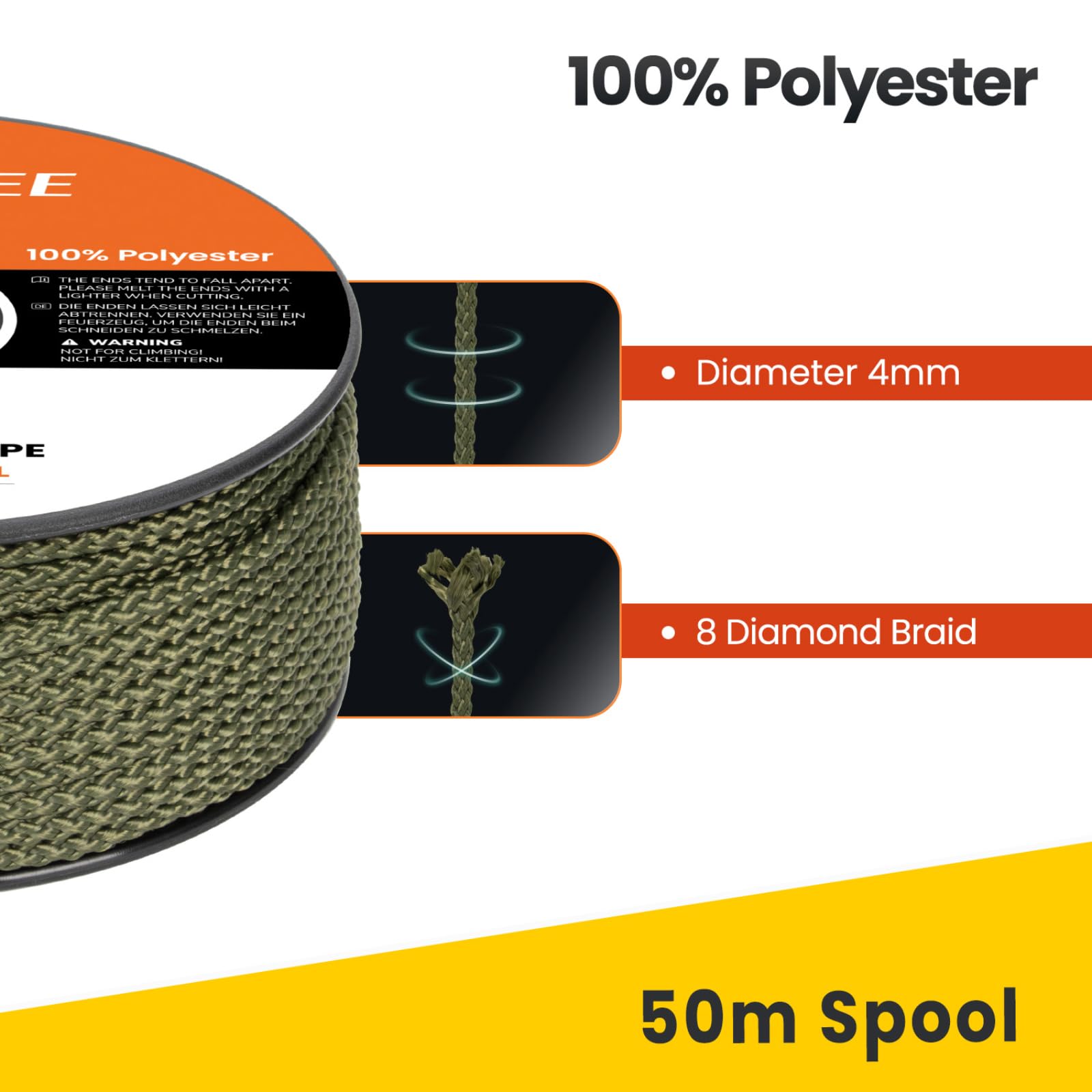 Brotree Polyester Rope 4mm x 50m Army Green - Diamond Braided Rope Cord Low Stretch - 200KG Breaking Load - Image 4
