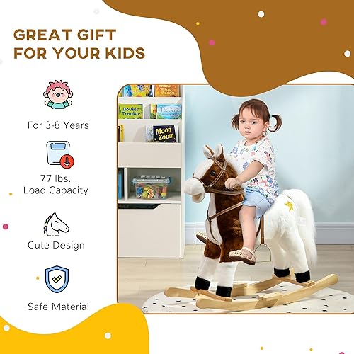Vista 4 de Qaba Rocking Horse with Sound, Ride on Horse with Saddle, Toddler Rocker, Gift for 3-8 Year Old, Brown Marrón