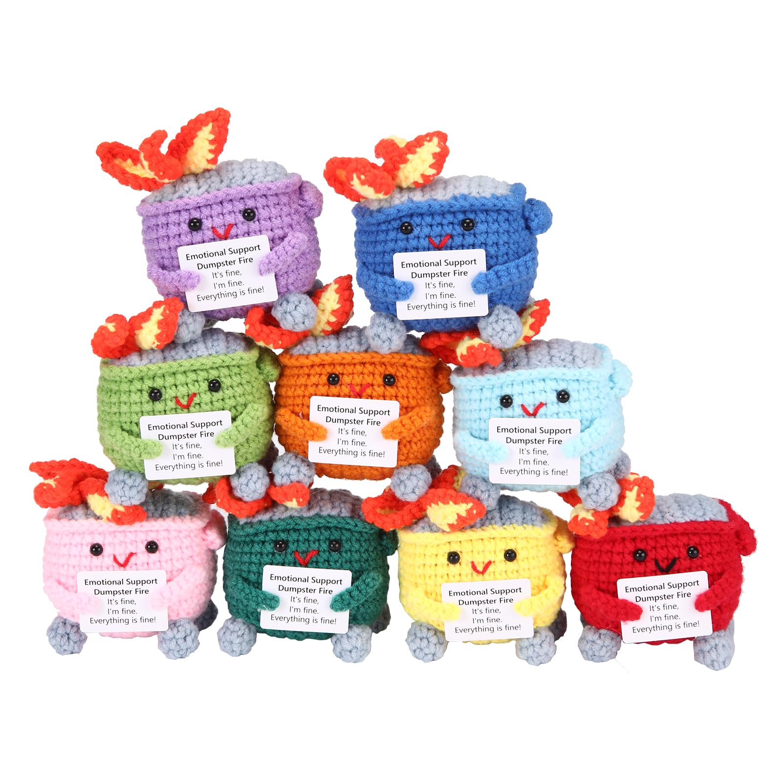RovyFota Emotional Support Crochet Dumpster Fire with Positive Card Cute Room Decor Knitted Toys Funny Crochet Support Buddies Gifts for Friends (9pcs Mix)