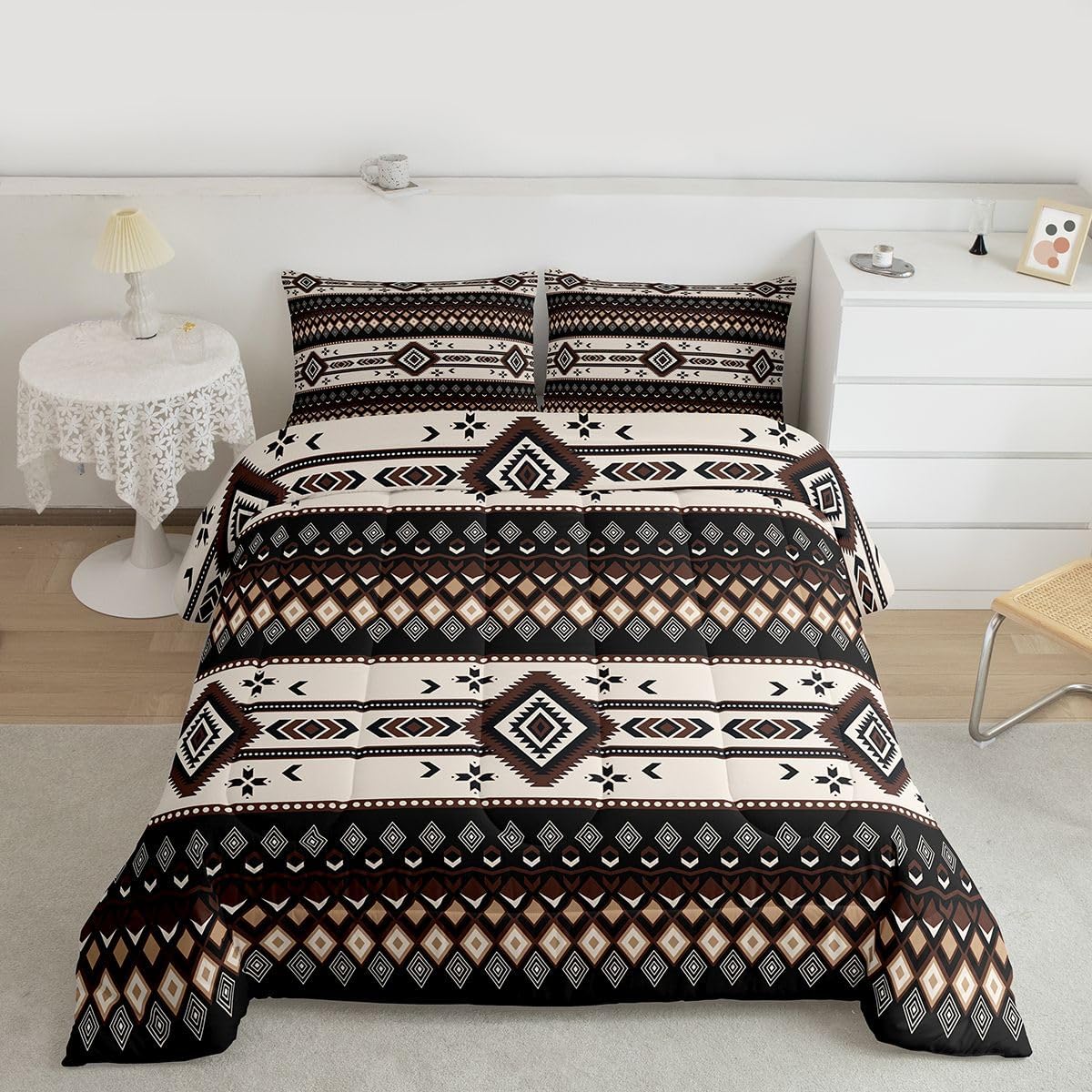 jejeloiu Boho Geometric Comforter Set Queen Size Aztec Tribal Western Bedding Set for Kids Boys Girls Ethnic Indian Bohemian Duvet Quilt Country Bedroom Decor Khaki 3 Pcs with 2 Pillow Cases