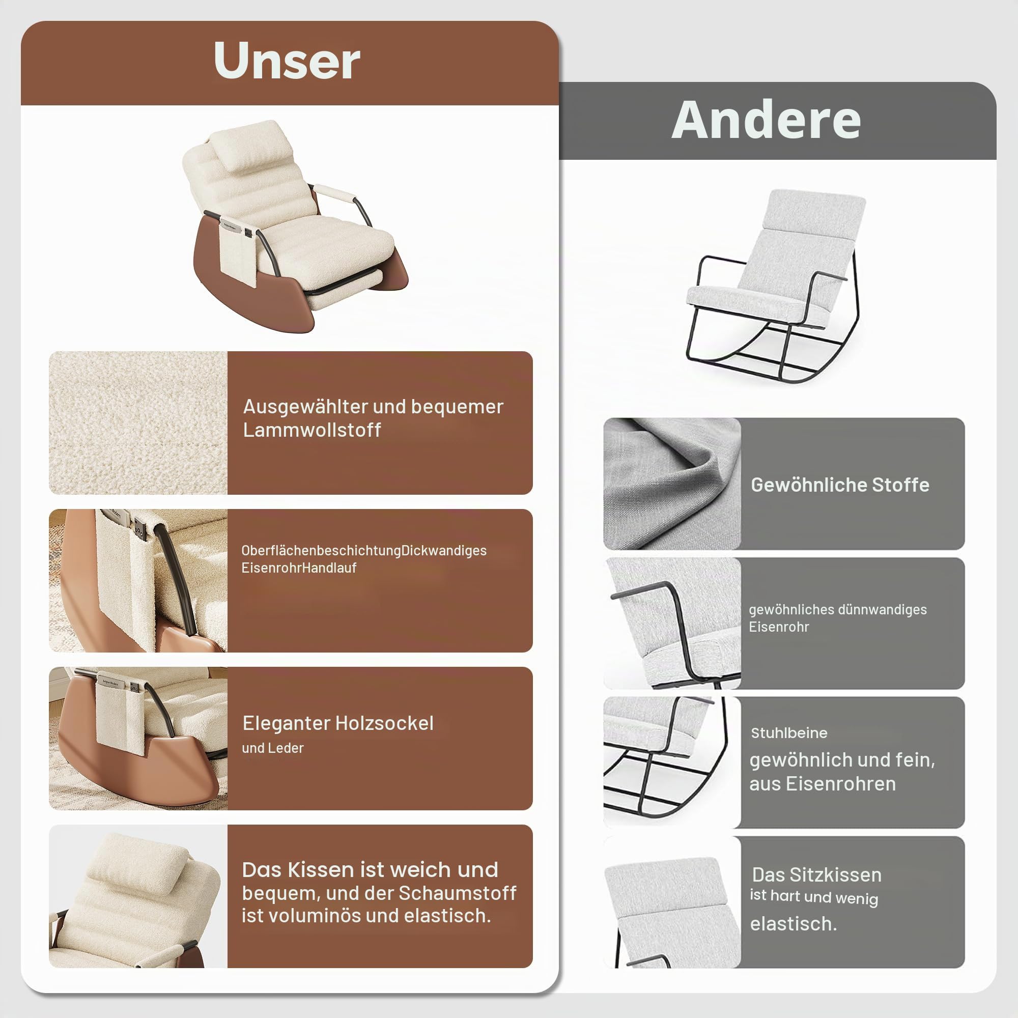 Schaukelstuhl mit Fußstütze, Rückenlehne verstellbar, 3 Positionen, Schaukelstuhl, Relaxsessel mit Kopfstütze, Armlehnen aus Holz, für Wohnzimmer, Schlafzimmer, Lesen (Lammfell, Beige A)