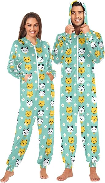 Onesie for Women Pajamas with Hooded Onesie Adult Costume Cats Mint Green Sleepwear