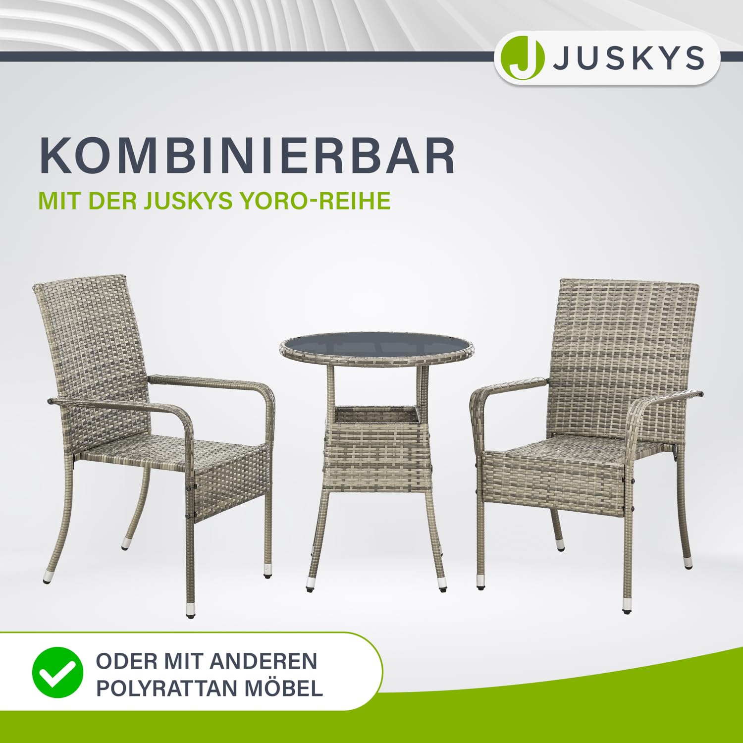 Juskys Polyrattan Gartentisch Yoro wetterfest - Balkontisch Ø 60 cm rund - Rattan Beistelltisch mit Glasplatte - Kleiner Tisch für Balkon - Grau