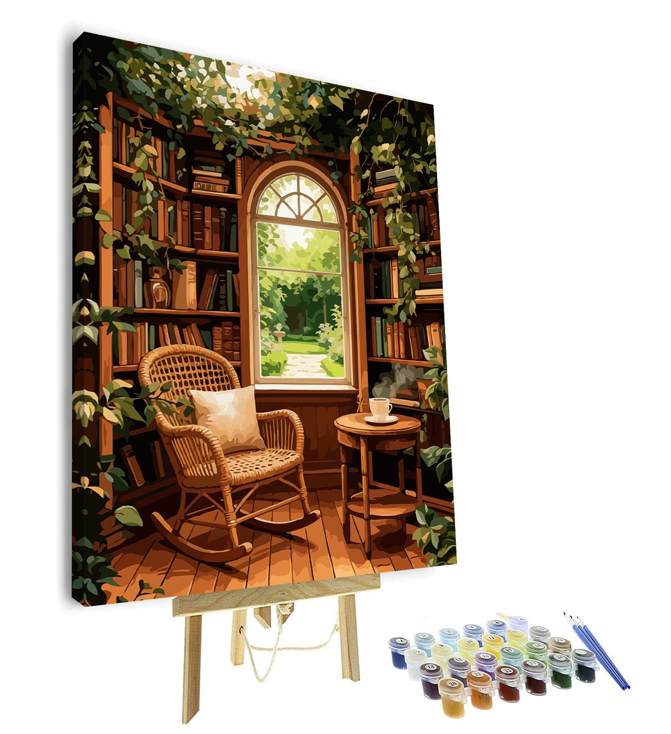 TISHIRON Paint by Numbers Kit for Adults, Paint by Number for Adults Beginner - Library & Greenery Scene with Books and Plants, Premium DIY Art Canvas for Home Decor(16x20 Inch, Framed)