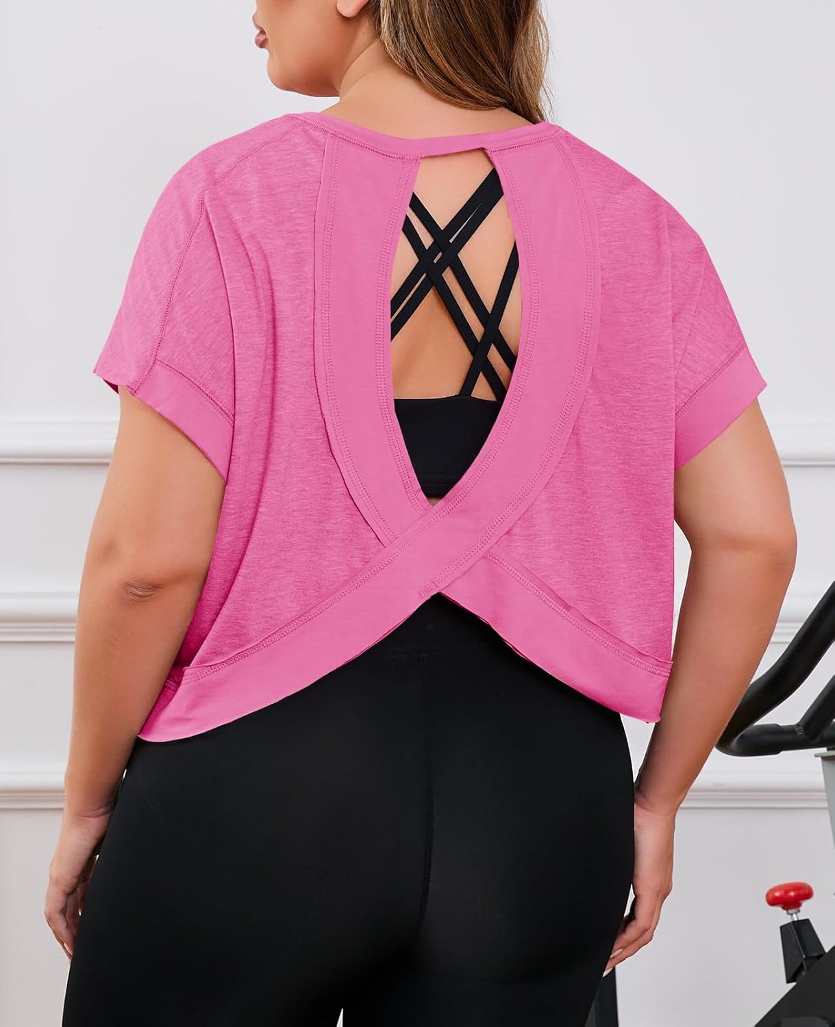Fisoew Womens Plus Size Open Back Workout Tops Backless Short Sleeve Athletic Shirt Running Crop Top Gym Yoga T-Shirt - Image 5