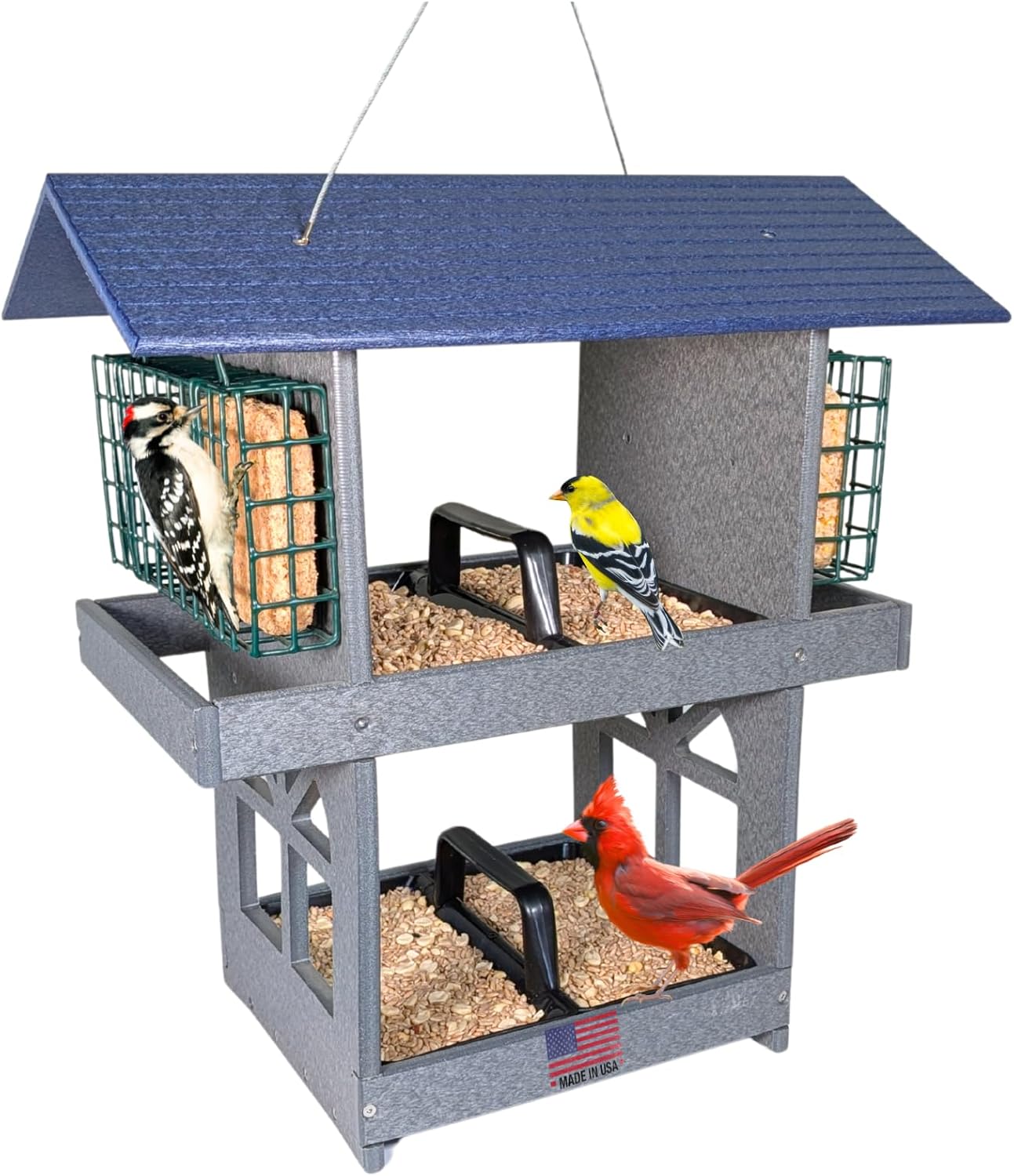 JCs Wildlife Double Fly Thru Platform Bird Feeder with Roof - Holds 8 Cups of Bird Seed & 4 Suet Cakes - Made in The USA (Fly Thru Feeder Only, Green and Tan)