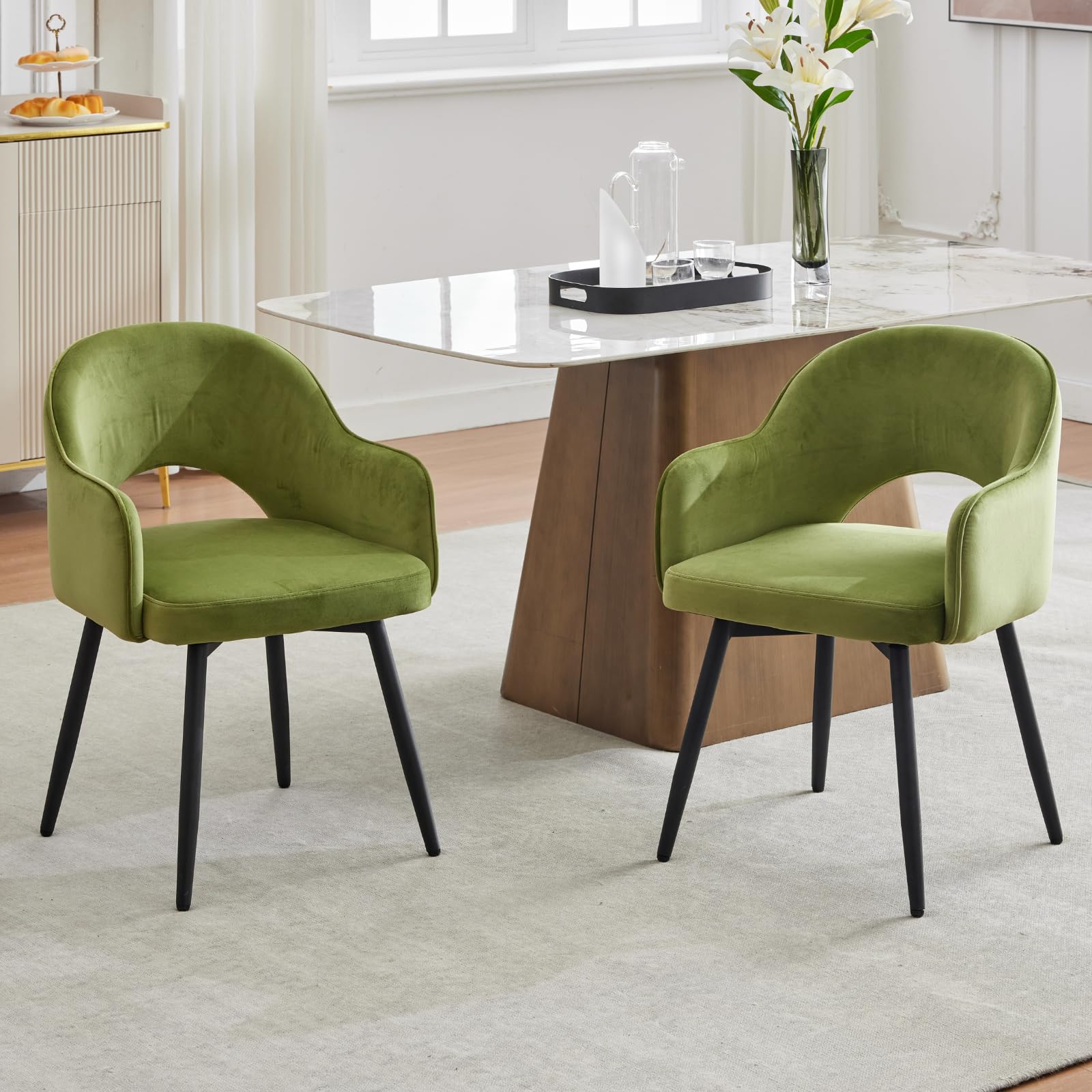 Chairus Lot de 2 Chaises Pivotantes 360° en Velours Vert Rembourrées pour Salle à Manger Bureau Salon