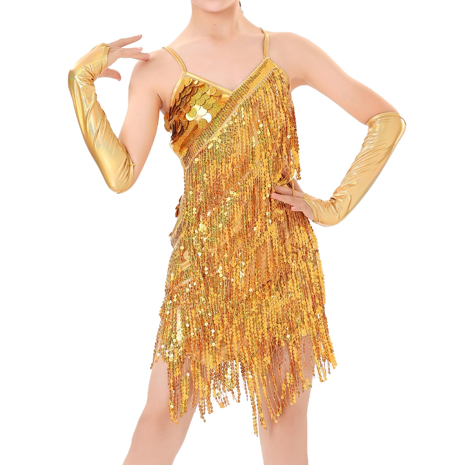 Latin Dance Dress for Girl Shiny Sequins Fringe Flapper Ballroom Dance Outfits Kids Sparkly Tassel Halloween Christmas Dance Dresses Teen Girls 1920s Salsa Tango Vintage Dancewear Gold 5-6 Years