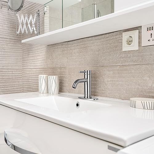 Miniatura 8 de Aquaterior Grifo de baño de una sola manija para fregadero de baño, grifo de níquel con drenaje emergente para caravana, montaje en cubierta, 1