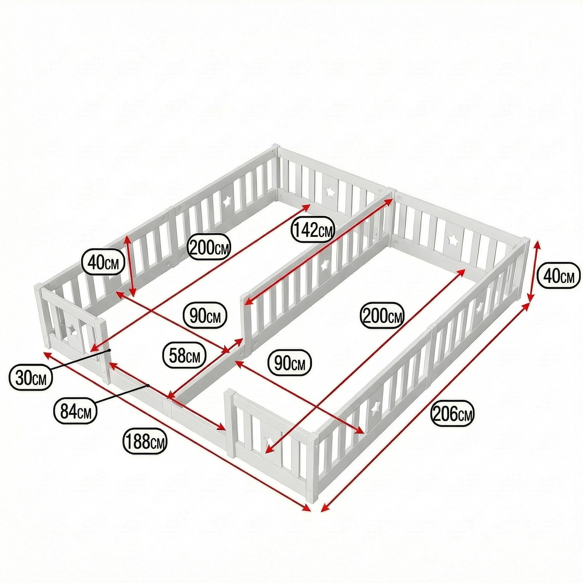 Letto Montessori Doppio 2x90x200 in Legno Massello, Letto Bambini con Sponde di Sicurezza, Letto a Terra per Cameretta, Letto Bambini Montessori, senza Rete a Doghe, Bianco