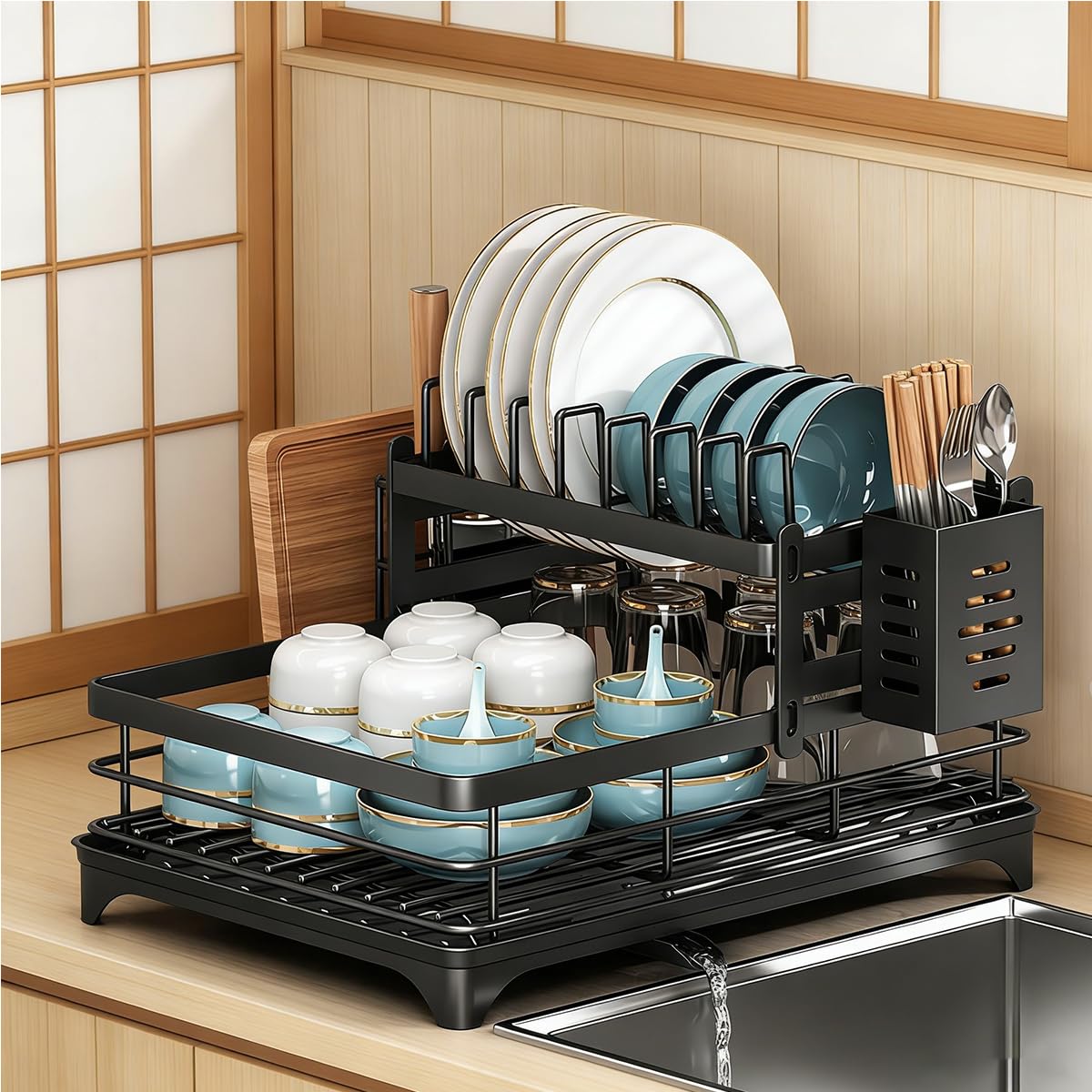 Mialgorithm Black 2 Tier Dish Drainer Rack, Dish Drying Rack, With Drainboard, Rustproof For Kitchen Counter, Large Capacity Dish Organiser With 360° Swivel Spout, Cutlery Holder & Cup Rack, Tool-Free Assembly,