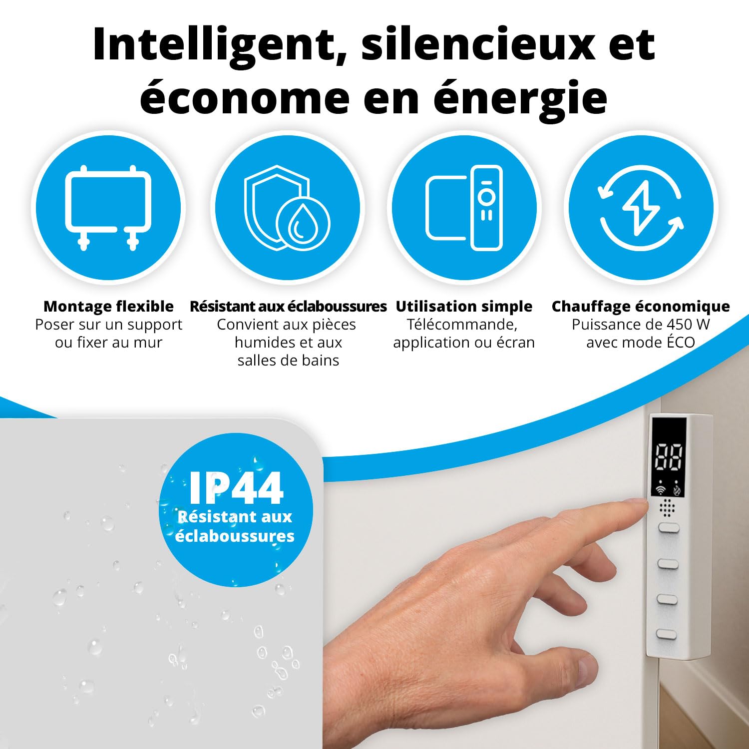 FlinQ 450W Radiateur Infrarouge – Chauffage Électrique Mural Connecté – Économie d'Énergie – IP44 Salle de Bain – Design Plat avec Thermostat Réglable - Blanc