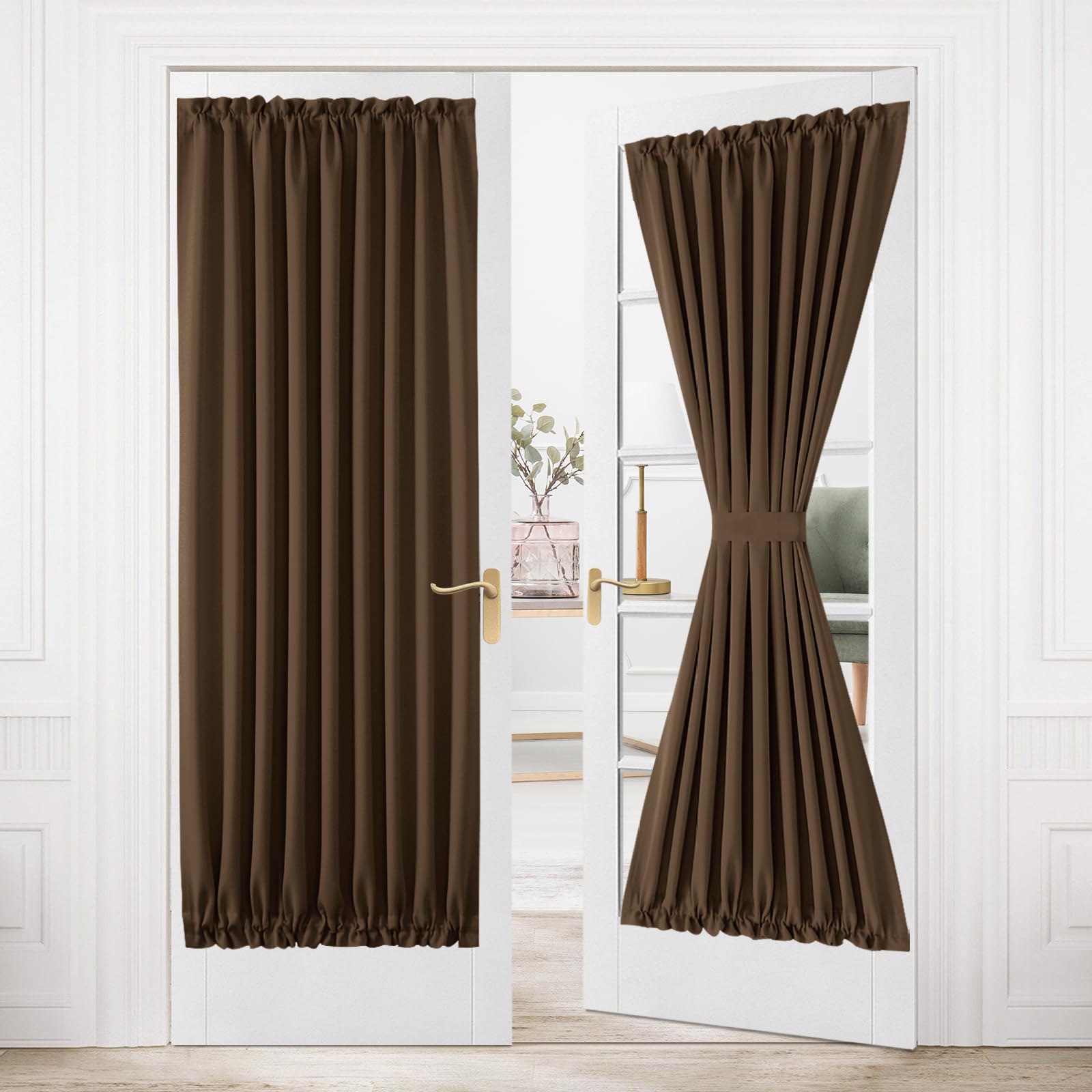 DWCN French Door Curtains - Rod Pocket Thermal Blackout Panel for Glass Window, Kitchen and Patio - Privacy, 54 X 80 Inches Long, 1 Panel With Tieback, Brown — image 1