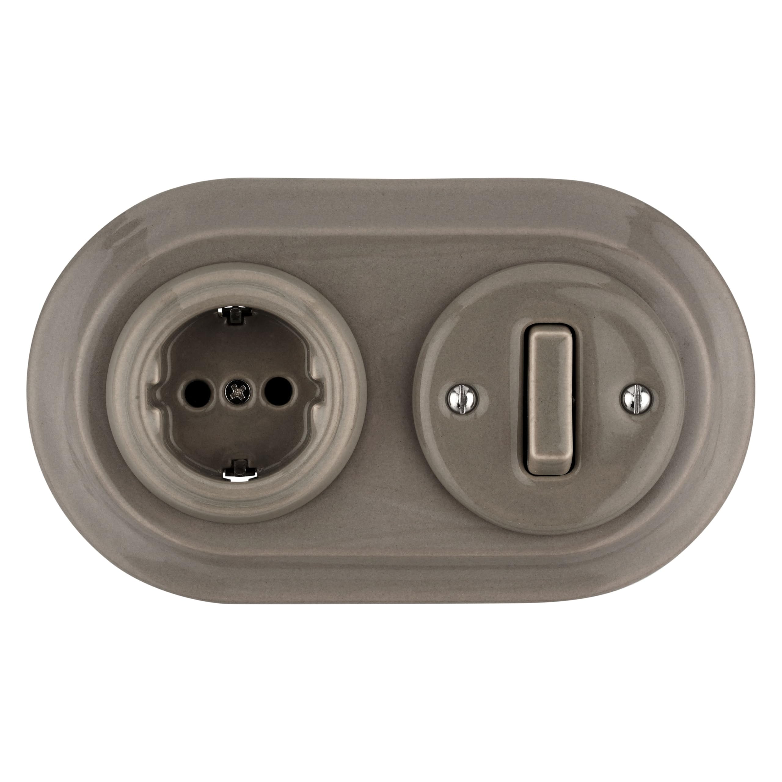 Unterputz Porzellan Retro Steckdose, Schalter, 2-fach, All-in-One, SET Serie PR1 graubeige