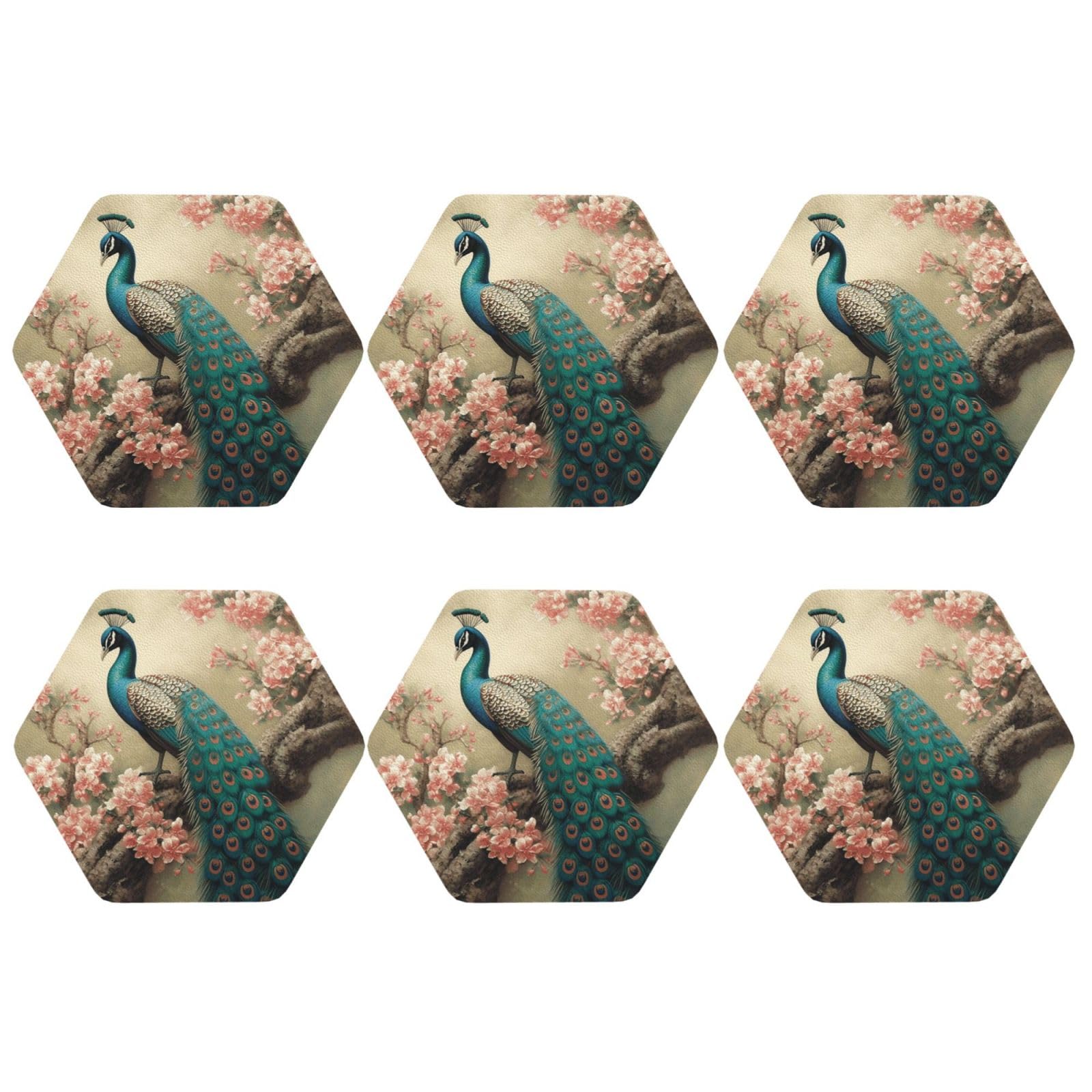 6pcs Leather Coasters for Drinks, Oriental Peacock Drink Coasters for Tabletop Protection, 4" Cup Coasters for Coffee Table Decor, Non-Slip Drinking Cup Mat for Hot Or Cold Drink