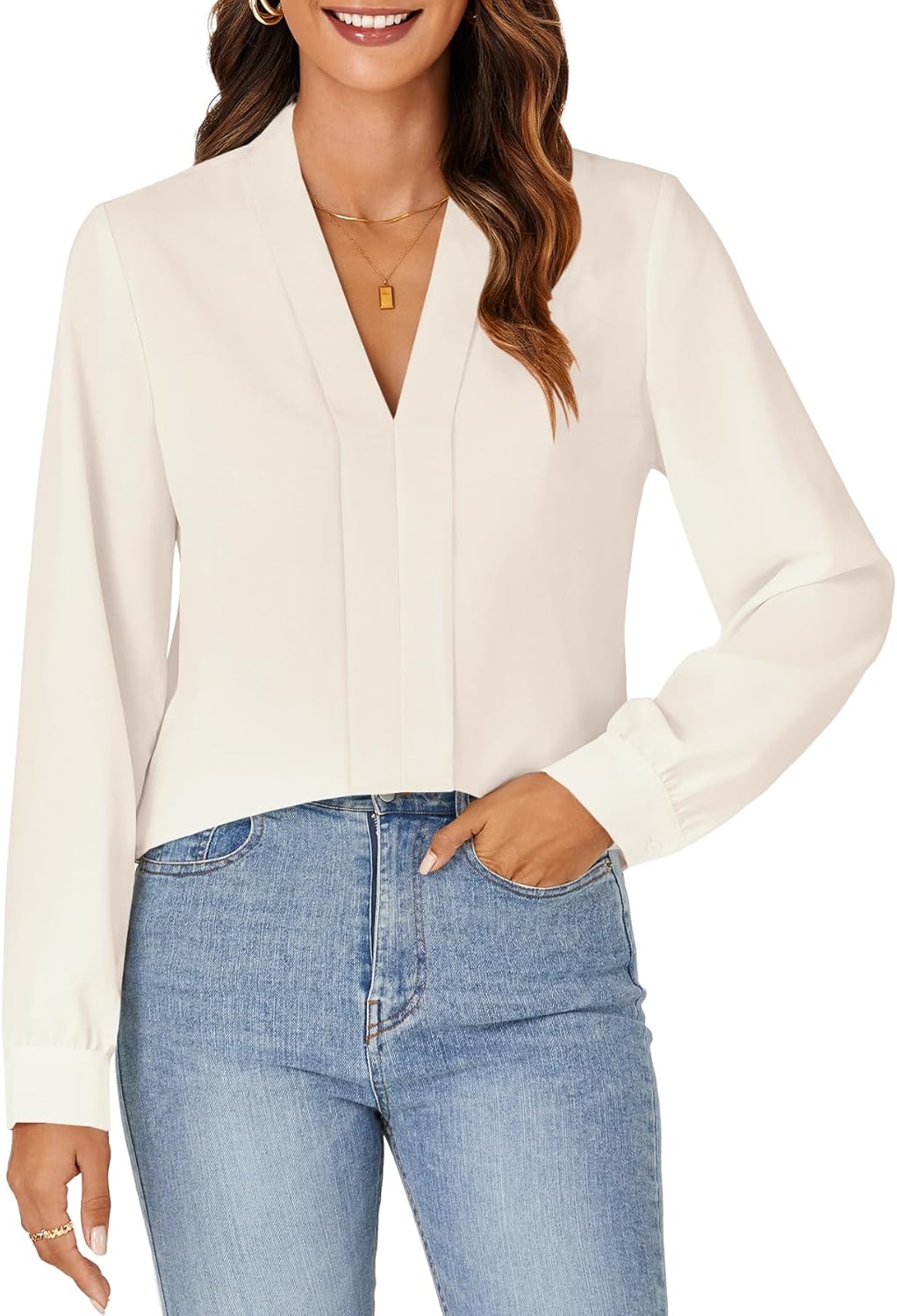 Rooscier Women's Elegant Pleated V Neck Long Sleeve Blouse Business Shirt Top