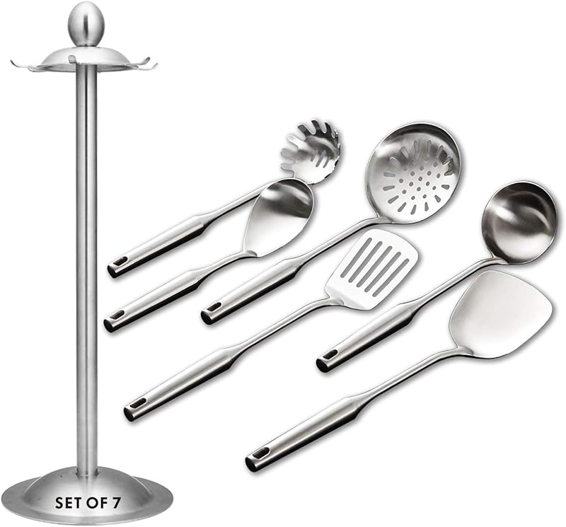Cooking Utensils Set,6 PCS with Utensils Holder,304 Stainless Steel | Round handle,For kitchen cooking,Includes: wok spatula, soup ladle, slotted spoon, Spaghetti spoon, Utensils Holder