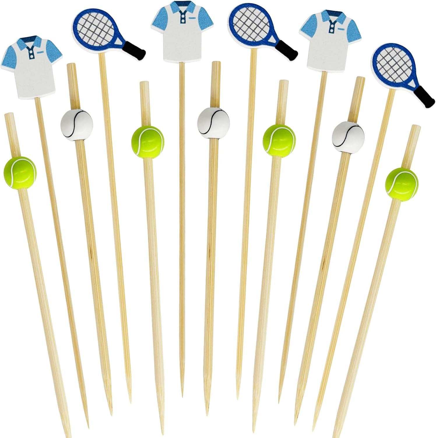 200PCS Tennis Pickleball Golf Cocktail Picks Decorations - Sports Ball Bamboo Cocktail Picks Fruit Toothpicks Skewers Appertizes Food Party Supplies