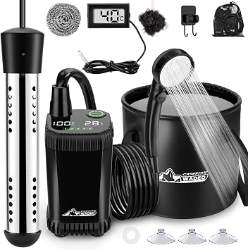 PAHTTO Portable Shower Electric Water Heater, Throw-in Heater 2000W with Thermometer, Pool Heater, Automatic Power Off, Outdoor Shower with 20L Collapsible Bucket